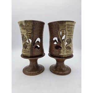 Pair Of Vintage Stoneware Pottery Signed Candle Holders Fleur De Lis Pattern